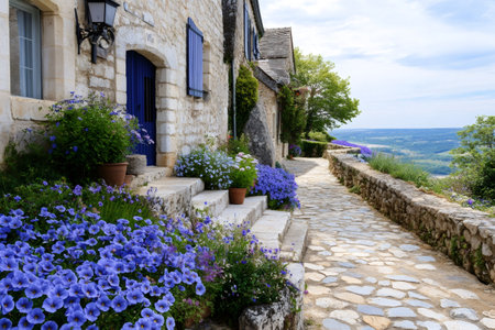 Stone paved alley with colorful flowers and traditional houses in a picturesque French village overlooking the valleyの素材