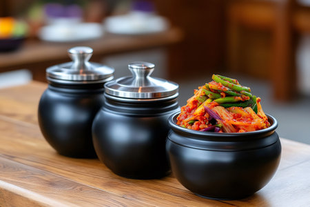 Fresh kimchi fermenting in black ceramic pots with metal lids, sitting on wooden restaurant tableの素材