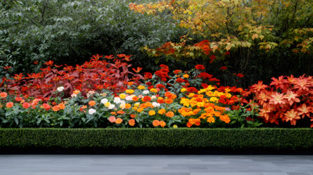 Beautiful dahlia flowers blooming in a vibrant garden with a neat boxwood hedge, creating a stunning display of color and textureの素材