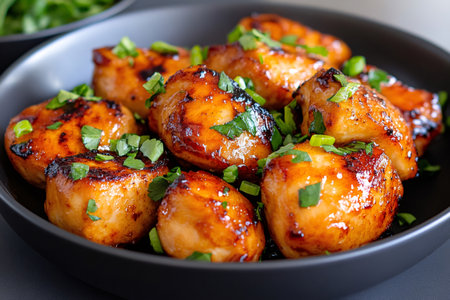Honey garlic glazed chicken bites garnished with fresh parsley and chives, served in a black bowlの素材