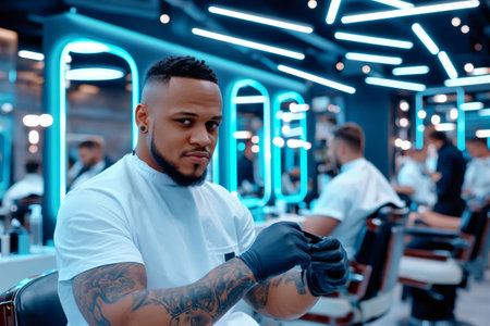 Professional barber putting on black gloves, preparing to work in a modern barbershop illuminated with neon lightsの素材