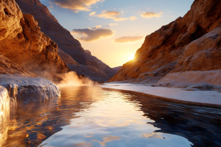Warm water flowing between mountains at sunset in a suggestive landscapeの素材
