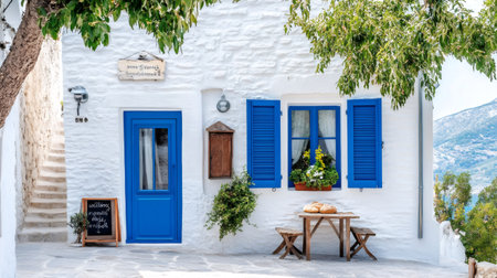 Traditional whitewashed Greek house with blue door and windows in a picturesque village, showcasing local charm and hospitalityの素材