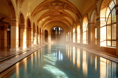 Luxurious indoor swimming pool with columns and arches reflecting in turquoise waterの素材