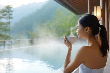 Young woman relaxing with a cup of hot tea at a luxury spa resort surrounded by beautiful mountainsの素材