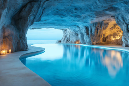 Beautiful natural cave with a pool and candles overlooking the sea at sunsetの素材