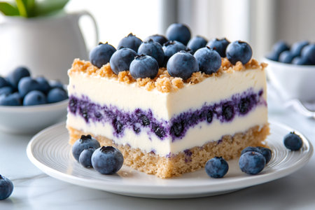 Slice of blueberry cheesecake with crumble topping and fresh blueberries on a white plateの素材