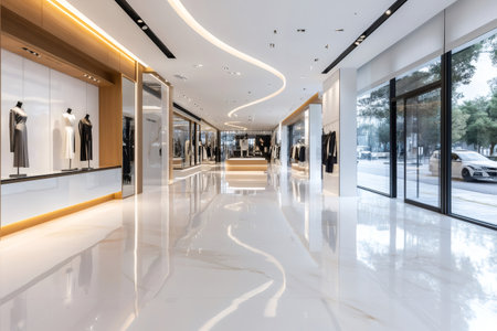 Large illuminated fashion boutique with mannequins displaying the latest trendsの素材