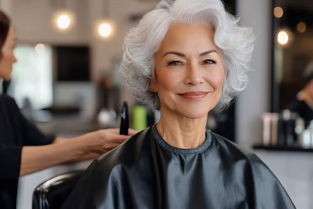 Elegant senior woman smiling while getting her hair done at the hairdresserの素材