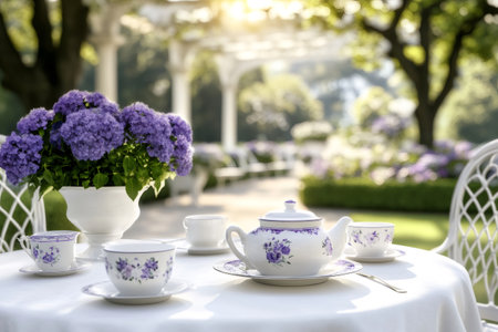 Porcelain tea set and purple flowers creating an elegant atmosphere for a relaxing afternoon tea in a beautiful gardenの素材