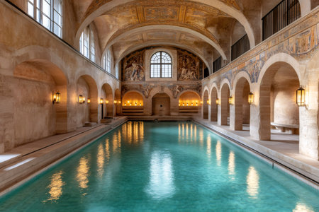 Indoor swimming pool reflecting lights in a luxury hotel spa in Budapestの素材