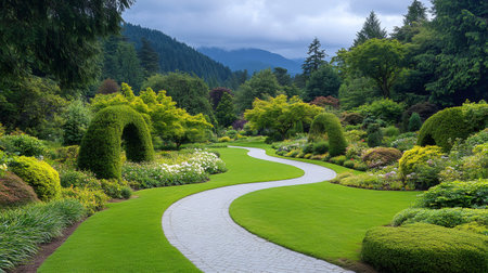 Scenic paved pathway meandering through vibrant foliage and manicured lawns of renowned Butchart Gardens, British Columbiaの素材