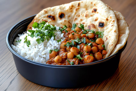 Indian chana masala with basmati rice, naan bread and coriander garnish served in a black bowlの素材