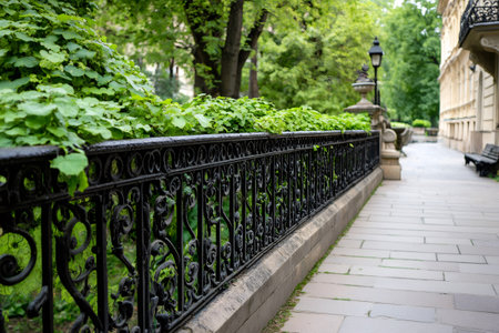 Ornate metal fence separating a paved walkway from a vibrant green area in an urban park settingの素材
