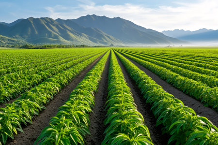 Green sesame plants growing in rows in a fertile field with mountains in the background, representing sustainable agriculture and healthy eatingの素材