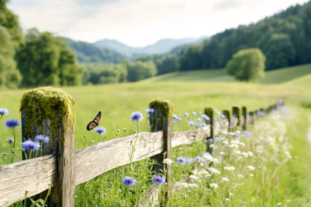 Scenic landscape of green meadow with wildflowers and old wooden fence with monarch butterfly flyingの素材