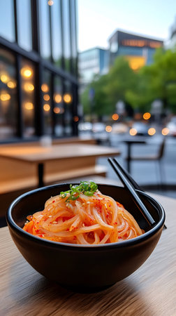 Black bowl of Korean noodles with gochujang sauce, sesame seeds and chopped chives, ready to be eaten with black chopsticksの素材