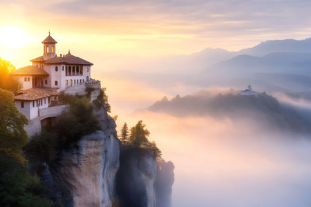 Madonna della Corona Sanctuary perched on a cliff face during a misty sunrise, creating a serene and awe-inspiring scene in Italyの素材