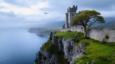 Scenic view of Classiebawn Castle standing on a cliff overlooking the sea in Mullaghmore Head, County Sligo, Irelandの素材