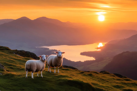 Two sheep grazing on a hill overlooking the Lake District National Park at sunset in Englandの素材