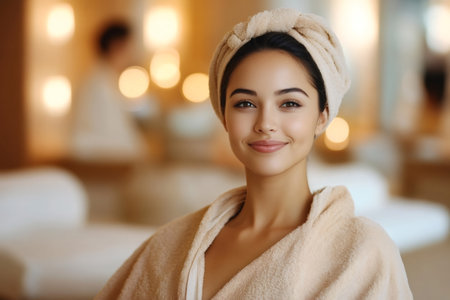 Beautiful young woman wearing bathrobe and towel relaxing at the spa after beauty treatmentの素材