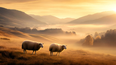 Two sheep grazing on the grass in a foggy valley at sunrise with mountains in the backgroundの素材