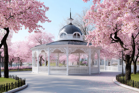 Beautiful white gazebo standing in a park surrounded by blooming cherry trees during a sunny spring dayの素材