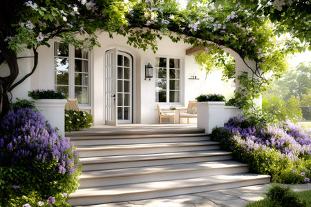 Beautiful white house with blooming wisteria and lavender decorating the porch and garden on a sunny summer dayの素材