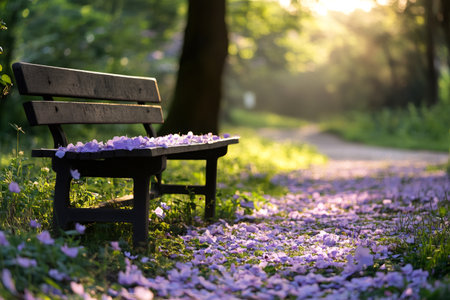 Fallen purple petals covering a bench and path in a park during golden hourの素材