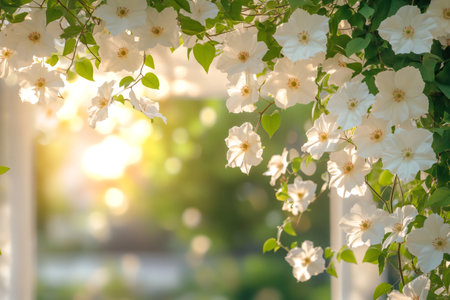 Beautiful white clematis flowers growing on a pergola in a garden at sunsetの素材
