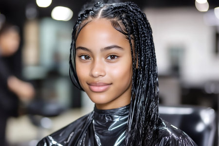Customer getting her hair braided at a professional hair salonの素材
