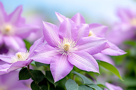 Close-up of a beautiful light purple clematis flower growing in a garden during springtime, displaying its vibrant color and delicate petalsの素材