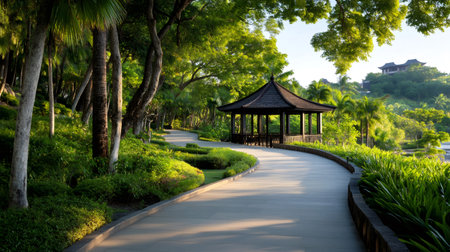 Tranquil paved pathway meandering through a vibrant, manicured tropical garden towards a peaceful gazeboの素材