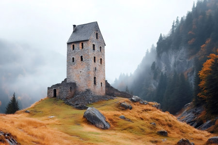 Mystical atmosphere surrounding a medieval tower in the Italian Alps during a foggy autumn dayの素材
