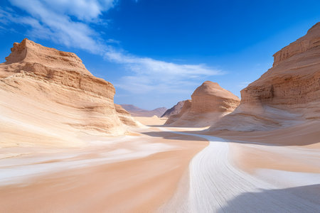 Scenic view of the white desert in Egypt with its unique rock formations and winding roadの素材
