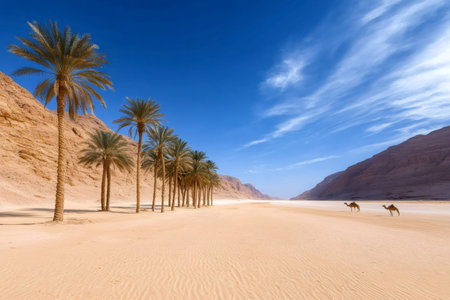 Dromedaries walking on the sand in a sunny day near an oasis between mountains in Egyptの素材