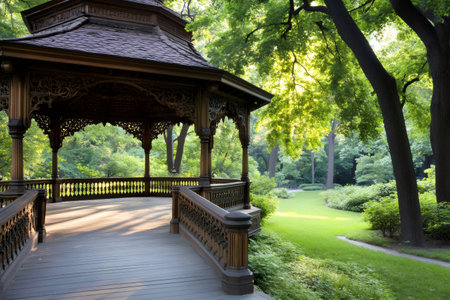 Intricate wooden gazebo with ornate carvings basking in the morning sunlight in a tranquil park settingの素材