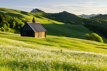Old wooden church illuminating a green meadow full of white flowers with mountains in the backgroundの素材