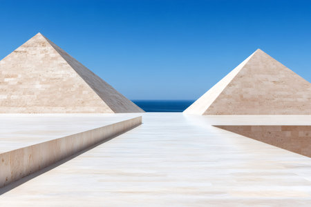 Two modern pyramids frame the blue Mediterranean Sea, creating a striking architectural contrast in Bibliotheca Alexandrinaの素材