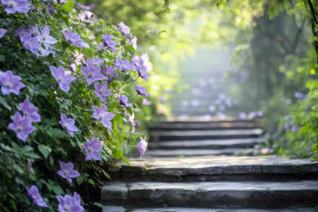 Stone stairway crosses a peaceful garden with blooming purple clematis flowers on a sunny dayの素材