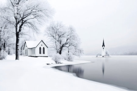 Small white church standing on a snowy shore reflecting on a frozen lake surrounded by frosted trees in a cold winter dayの素材