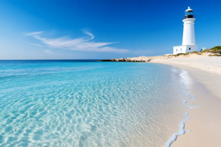 Idyllic white sandy beach with crystal clear turquoise water and white lighthouse on a sunny summer dayの素材