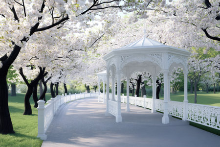 Beautiful white gazebo standing at the end of a paved path in a city park surrounded by blooming cherry treesの素材