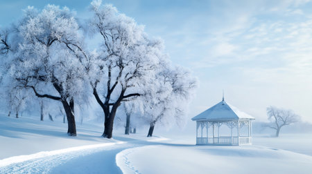 Footprints marking a snowy path leading to a gazebo surrounded by frost-covered trees in a beautiful winter landscapeの素材