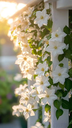 Beautiful white clematis flowers climbing a white wooden fence in a garden during golden hour, creating a peaceful and romantic atmosphereの素材