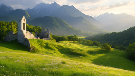 Scenic view of old church ruins on a green hill, with mountains in the background, in a peaceful Slovenian landscapeの素材