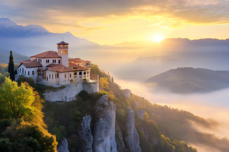 The breathtaking sunrise illuminates the picturesque landscape surrounding the Madonna della Corona Sanctuary, perched on a cliff in Italyの素材