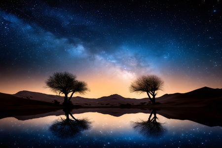 Stunning night landscape showing the milky way over a desert with trees reflecting in a calm body of waterの素材