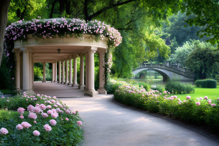 Stone pergola with pink climbing roses and a view of a bridge over a pond in a romantic green parkの素材