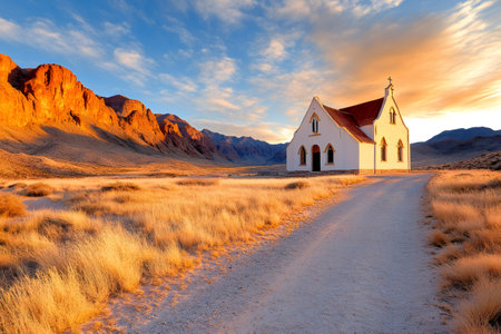 Scenic view of a white church in the vast and desolate landscape of the Namib desert at sunsetの素材